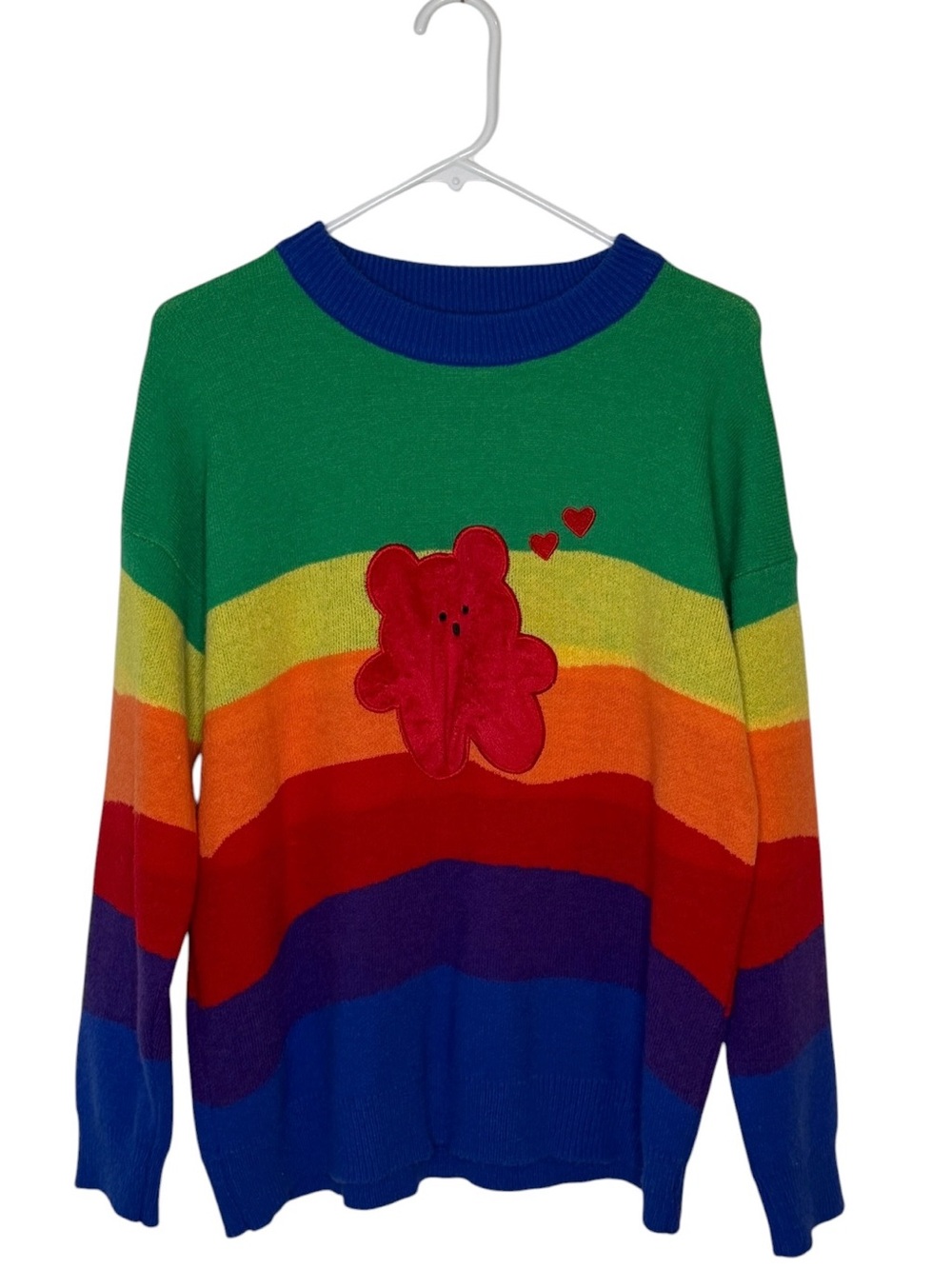 Rainbow Striped Sweater with Red Teddy Patch